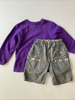 Kids Purple Long-Sleeve Top with Gray Cargo Shorts Set